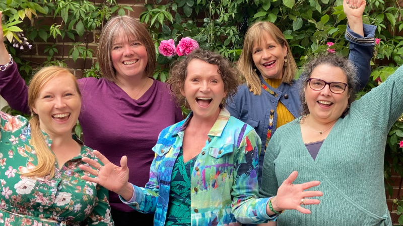 Exeter's Five Green Councillors - Amy Sparling, Diana Moore, Tess Read, Catheine Rees, Carol Bennett. They are smiling and waving.